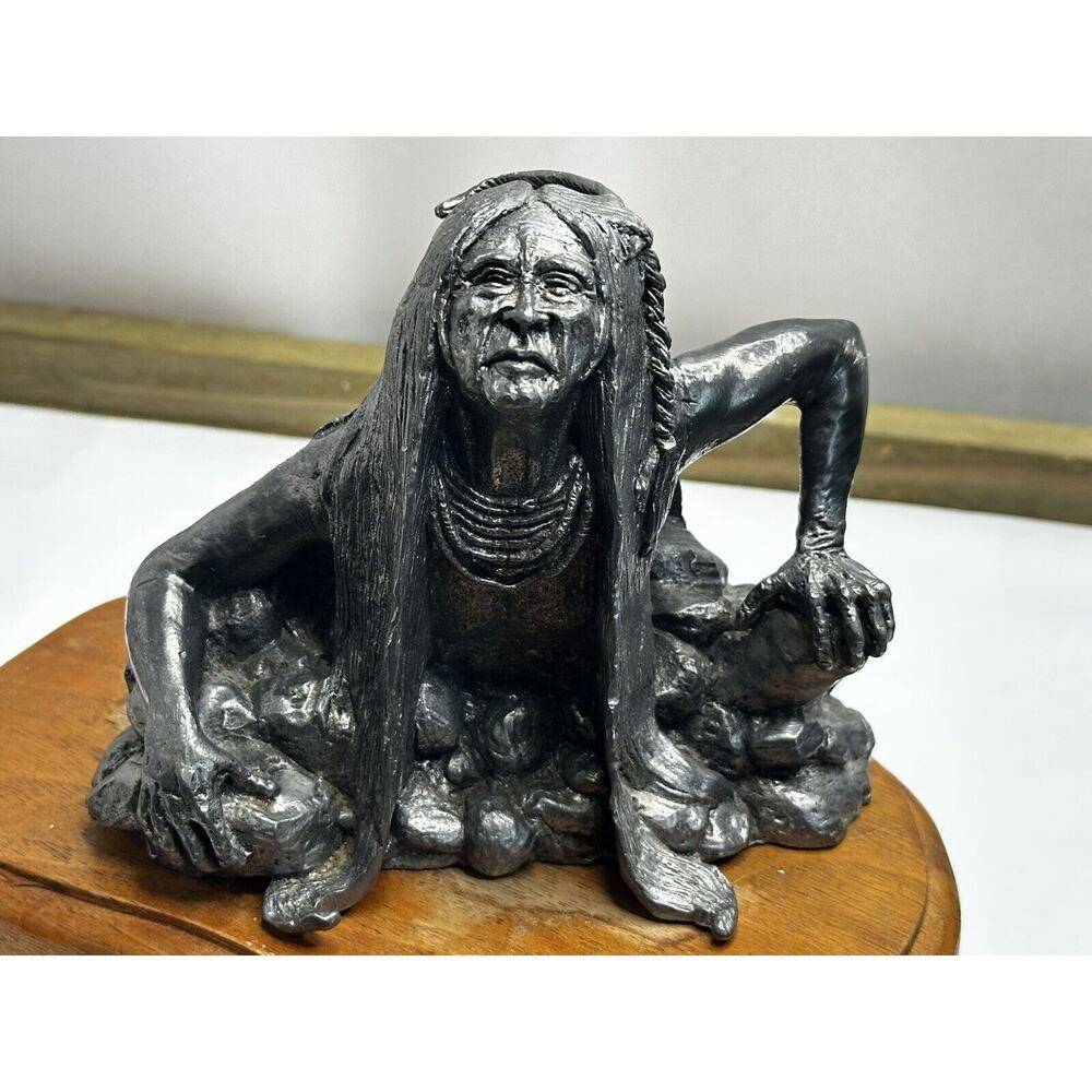 Michael Ricker Signed Pewter Sculpture 25/50 👀 Native American Elder Wood Base